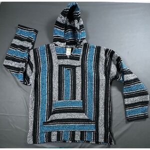 Sunspecs Baja Hoodie Men XL Blue Black White Stripe Mexican Poncho Pullover BoHo